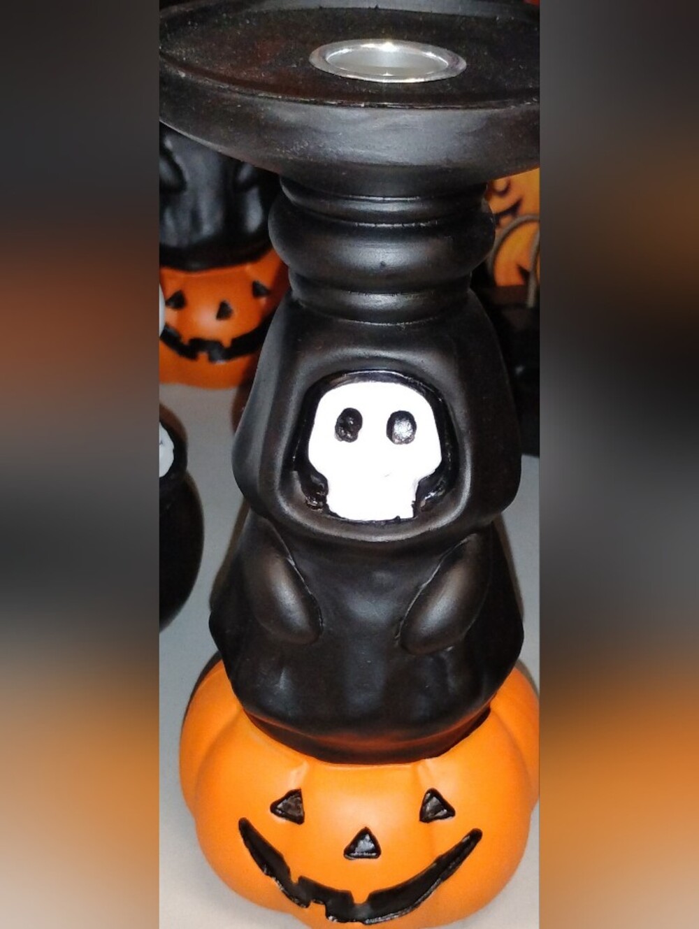 Halloween Pumpkin & Grim Reaper Ceramic Candle Holder - Black and Orange